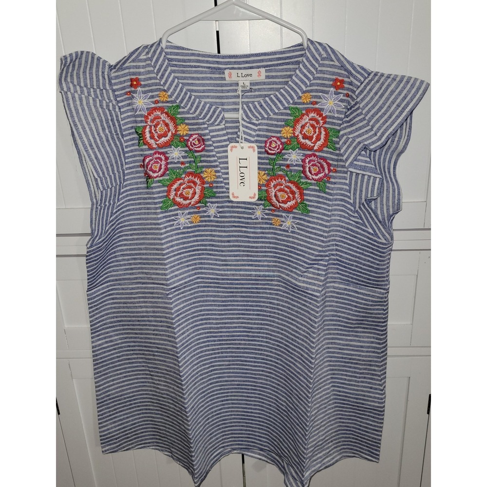 LLove Striped Embroidered Floral Top‎ Blouse Blue White V Neck Cap Sleeve Size L